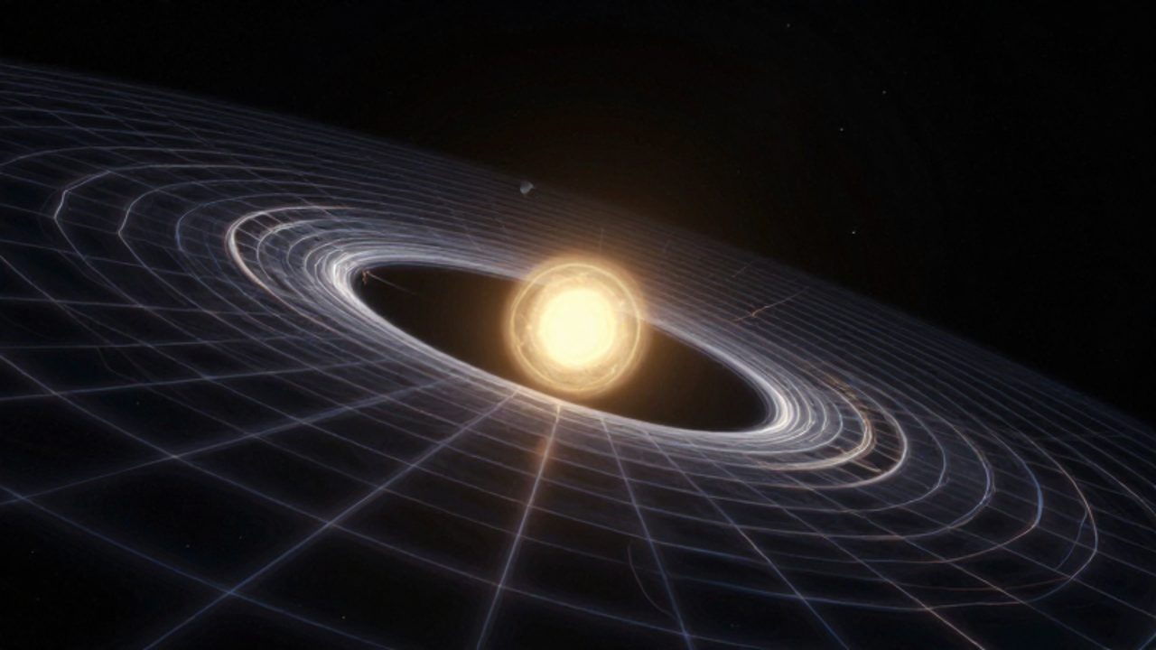 Una estrella masiva de luz dorada deforma una cuadrícula geométrica brillante que representa el tejido del espacio-tiempo, mientras un planeta pequeño orbita siguiendo la curvatura creada por su gravedad.