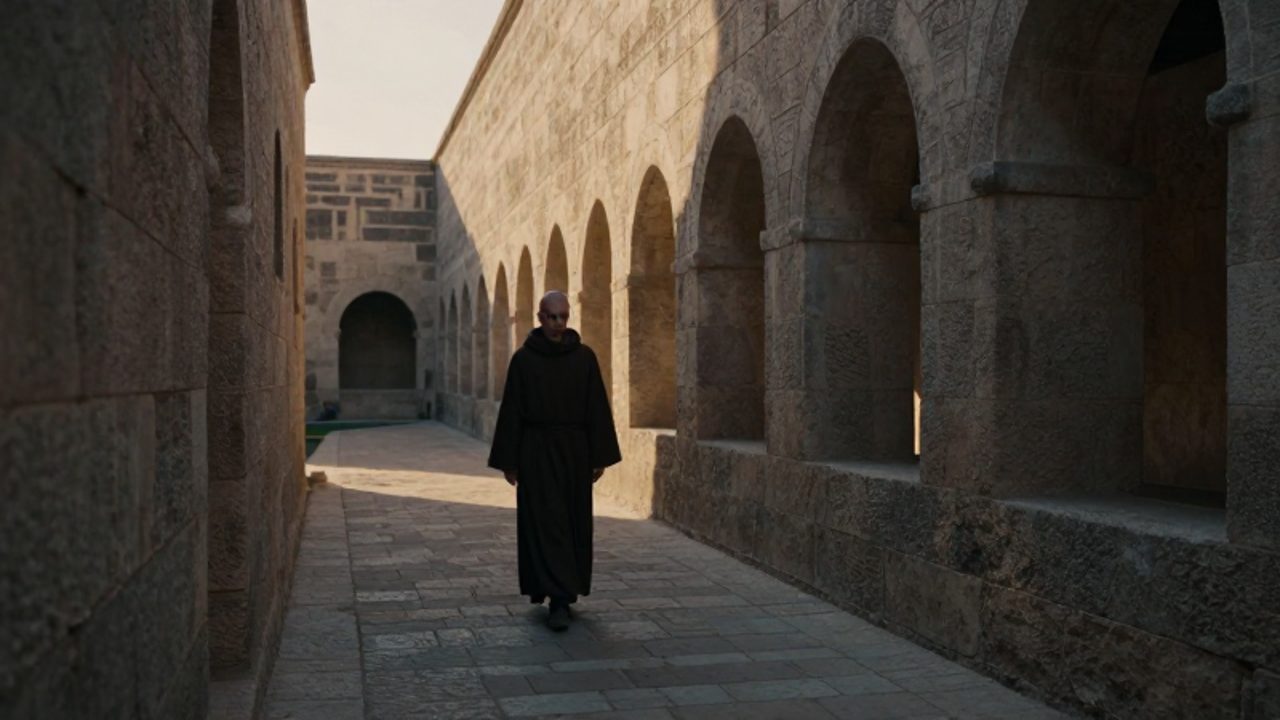 Un monje benedictino camina solitario por los estrechos senderos de piedra de un laberinto medieval situado en el patio de un monasterio.