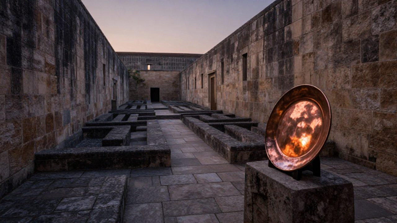 Un sendero de piedra serpentea a través de un laberinto de muros de piedra en un jardín monástico al atardecer, con una placa de cobre antigua que refleja la luz en primer plano.