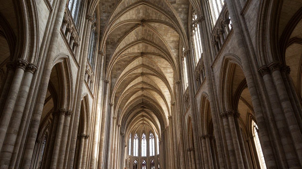 Vista hacia arriba de las bóvedas de crucería y los arcos apuntados de una catedral gótica, mostrando la geometría del techo y la amplitud del espacio.