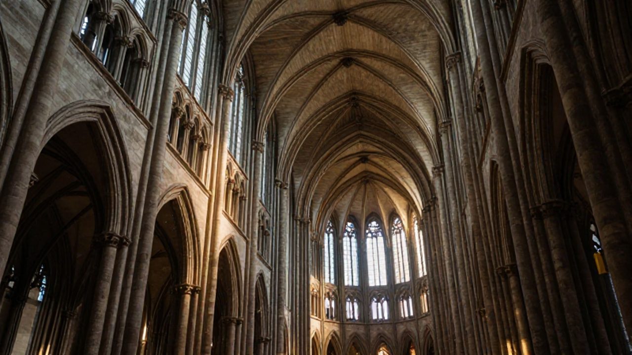 Vista desde un ángulo bajo de las bóvedas góticas y columnas de piedra de una catedral, con haces de luz solar atravesando el espacio de los techos altos.