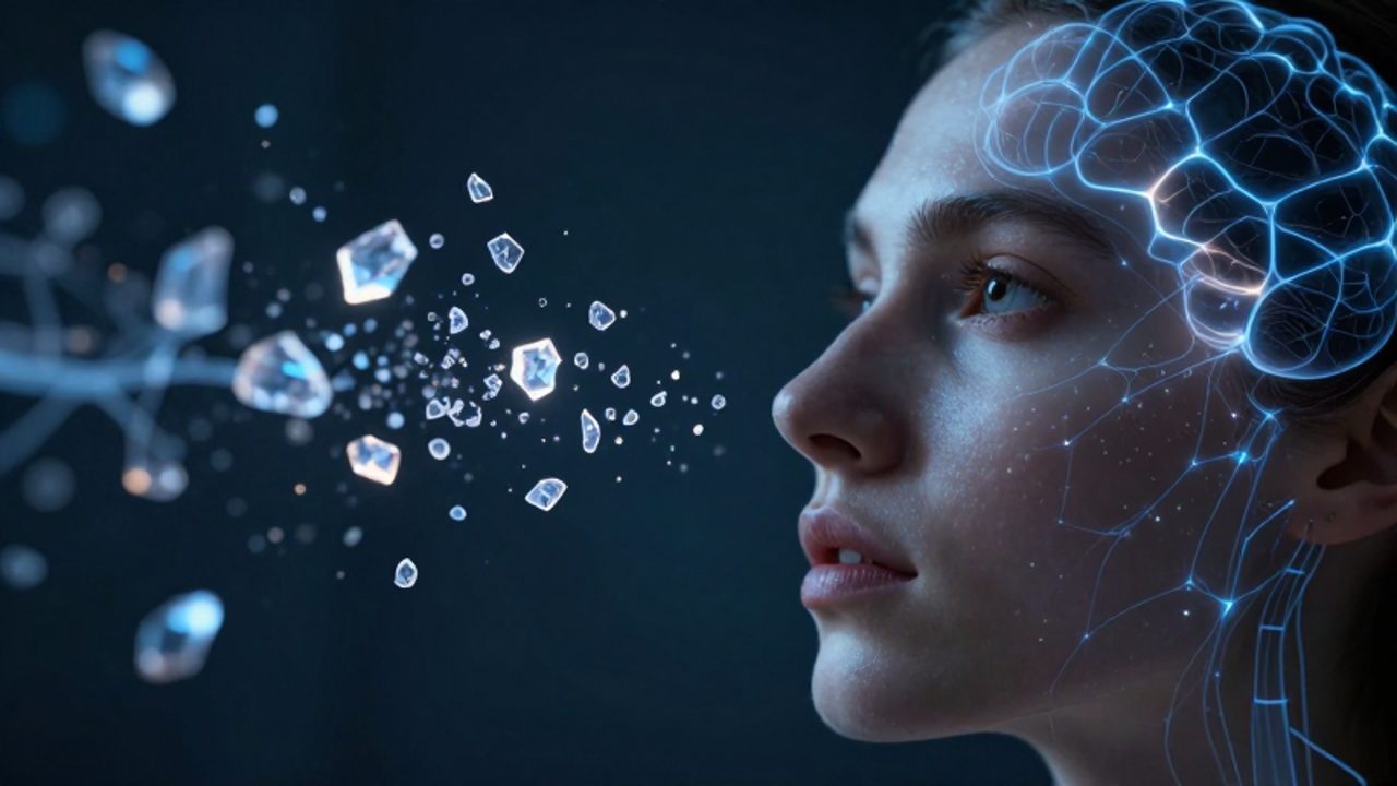 Perfil de una persona cuyo rostro se funde con conexiones neuronales y fragmentos brillantes que flotan en el aire, simbolizando la reconstrucción de la memoria.