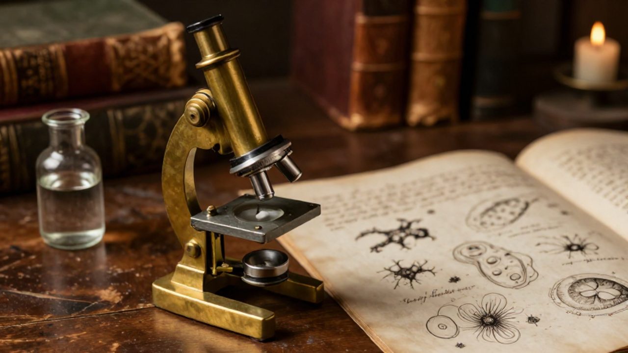 Pequeño microscopio de latón del siglo XVII sobre un escritorio de madera junto a un manuscrito con dibujos de microorganismos.