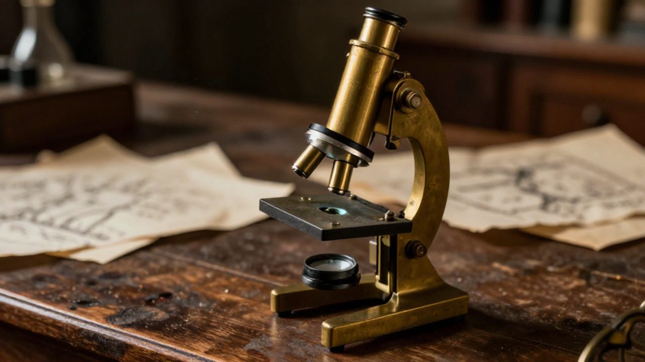 Microscopio antiguo de latón sobre una mesa de madera en un estudio con bocetos científicos de fondo.
