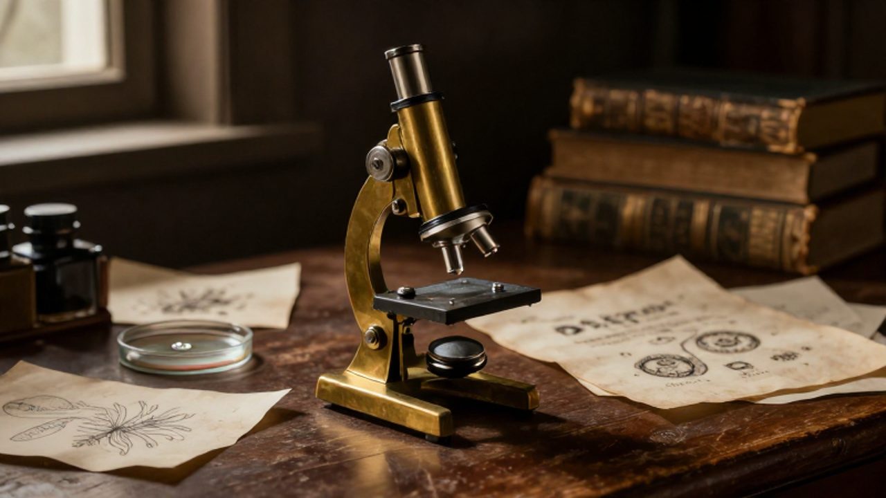 Microscopio antiguo de latón sobre un escritorio de madera rodeado de pergaminos con bocetos de organismos y una placa de vidrio.