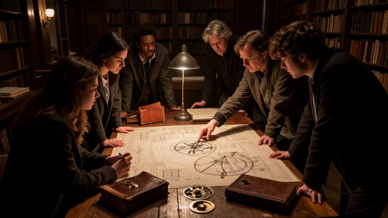 Grupo de personas concentradas alrededor de una mesa con planos y manuscritos antiguos en un entorno de biblioteca con luz tenue.