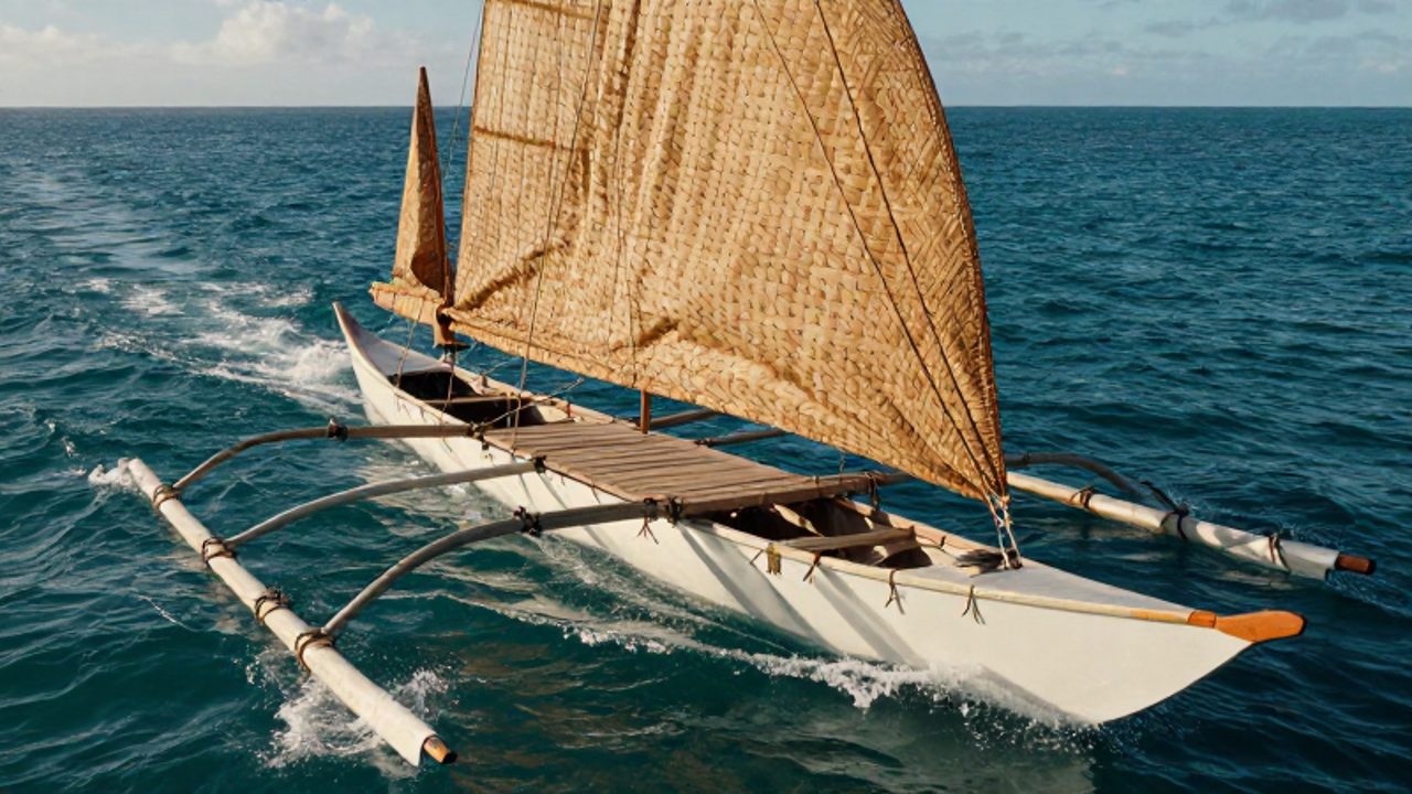 Una canoa de doble casco vaka moana navega sobre las aguas turquesas del océano Pacífico con sus velas de hojas de pandanus desplegadas.