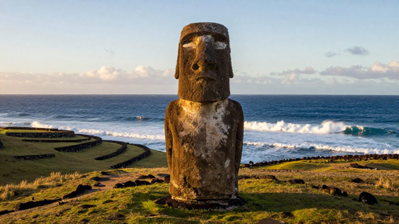 Estatua monumental Moai de piedra sobre una colina de Rapa Nui con vistas al océano Pacífico durante el atardecer.
