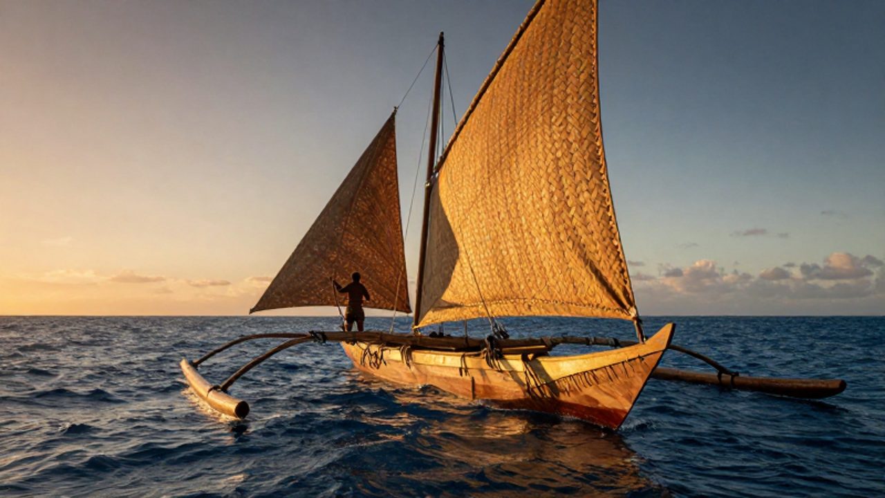 Un navegante polinesio observa el horizonte desde la proa de una canoa de doble casco que navega por el océano Pacífico durante el atardecer.