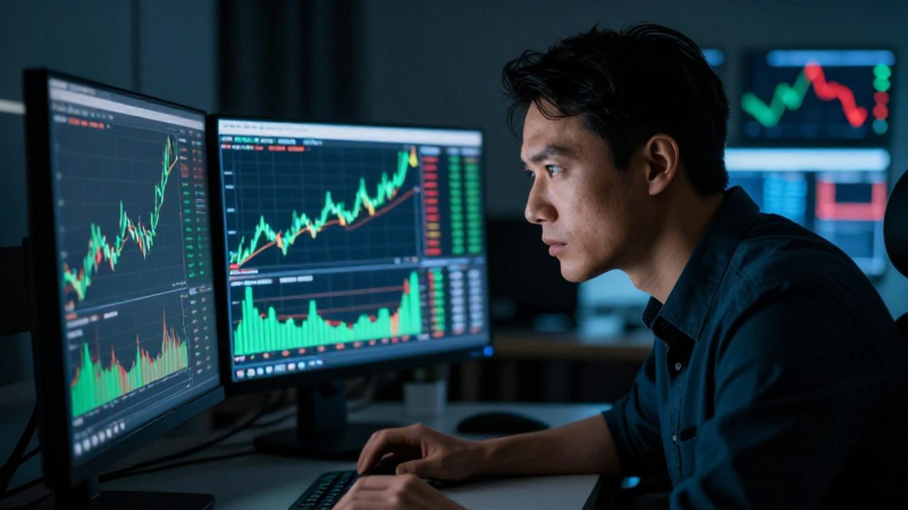 Inversor concentrado observando con intensidad un gráfico de crecimiento positivo en su monitor, mientras ignora en segundo plano una pantalla con indicadores de tendencia bajista.