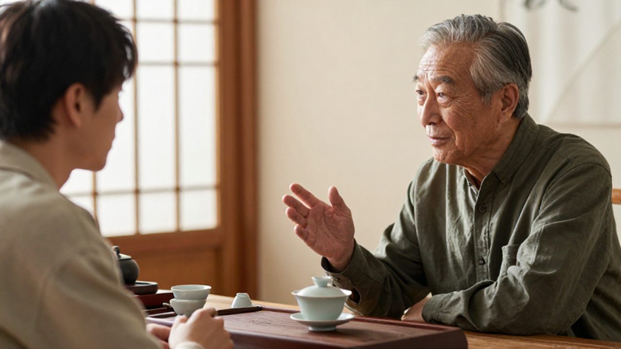 Un hombre chino de edad avanzada y un estudiante occidental mantienen una conversación atenta en una mesa de té tradicional.