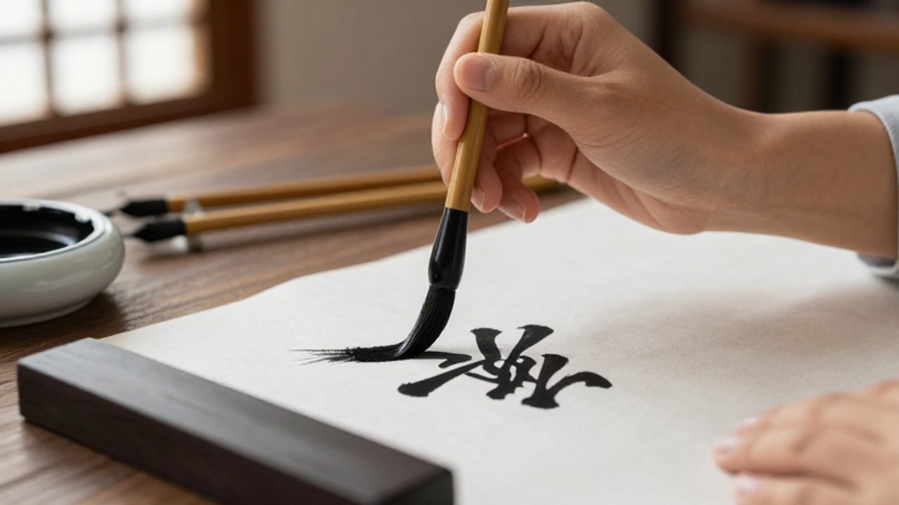 Una mano practica caligrafía china con un pincel de bambú sobre papel de arroz en un escritorio de madera.