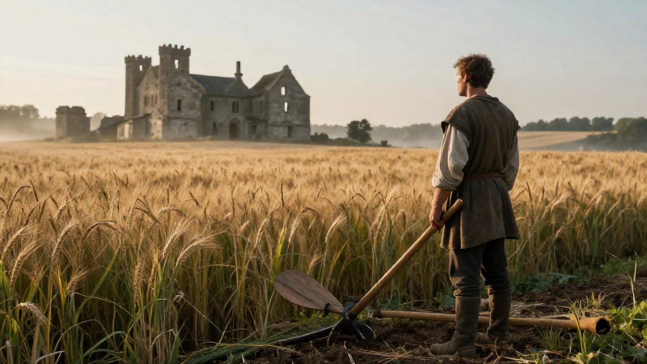Un campesino observa un campo de trigo dorado frente a una mansión feudal en ruinas al amanecer.