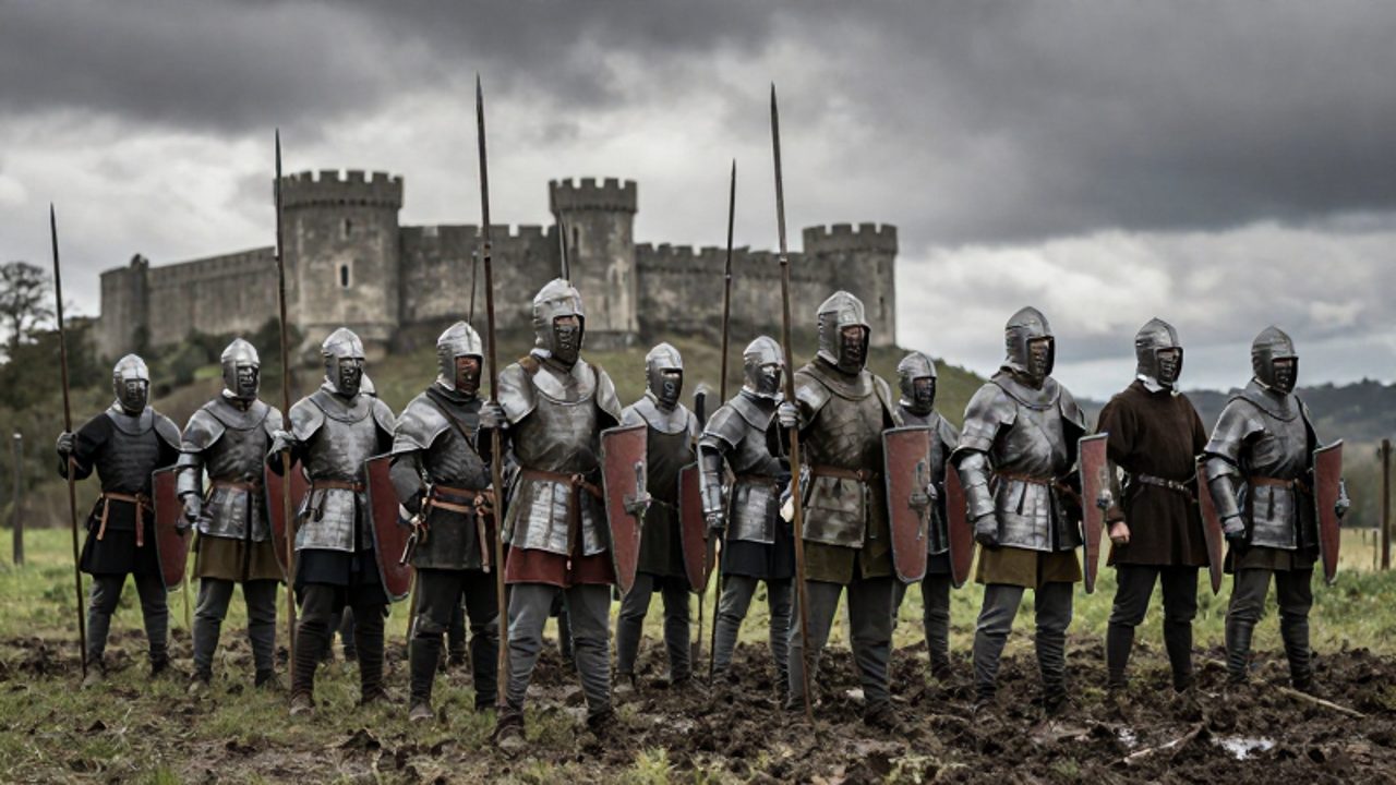Grupo de infantería profesional del siglo XV entrenando en formación organizada frente a un castillo fortificado.