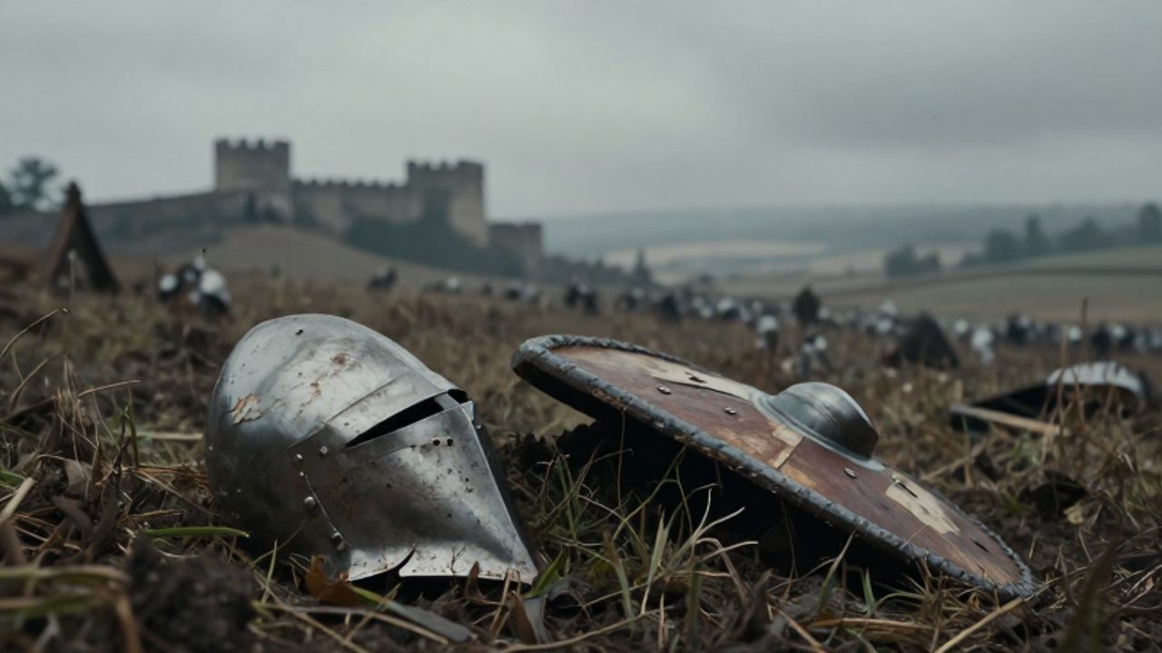 Equipo de combate medieval abandonado, con un casco y un escudo rotos sobre el suelo, en un campo de batalla desolado y neblinoso.