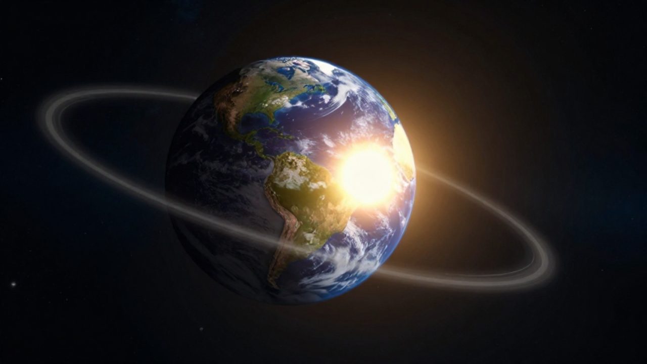 La Tierra orbita alrededor del Sol con su eje inclinado a 23,5 grados, mostrando la diferencia de iluminación entre los hemisferios.