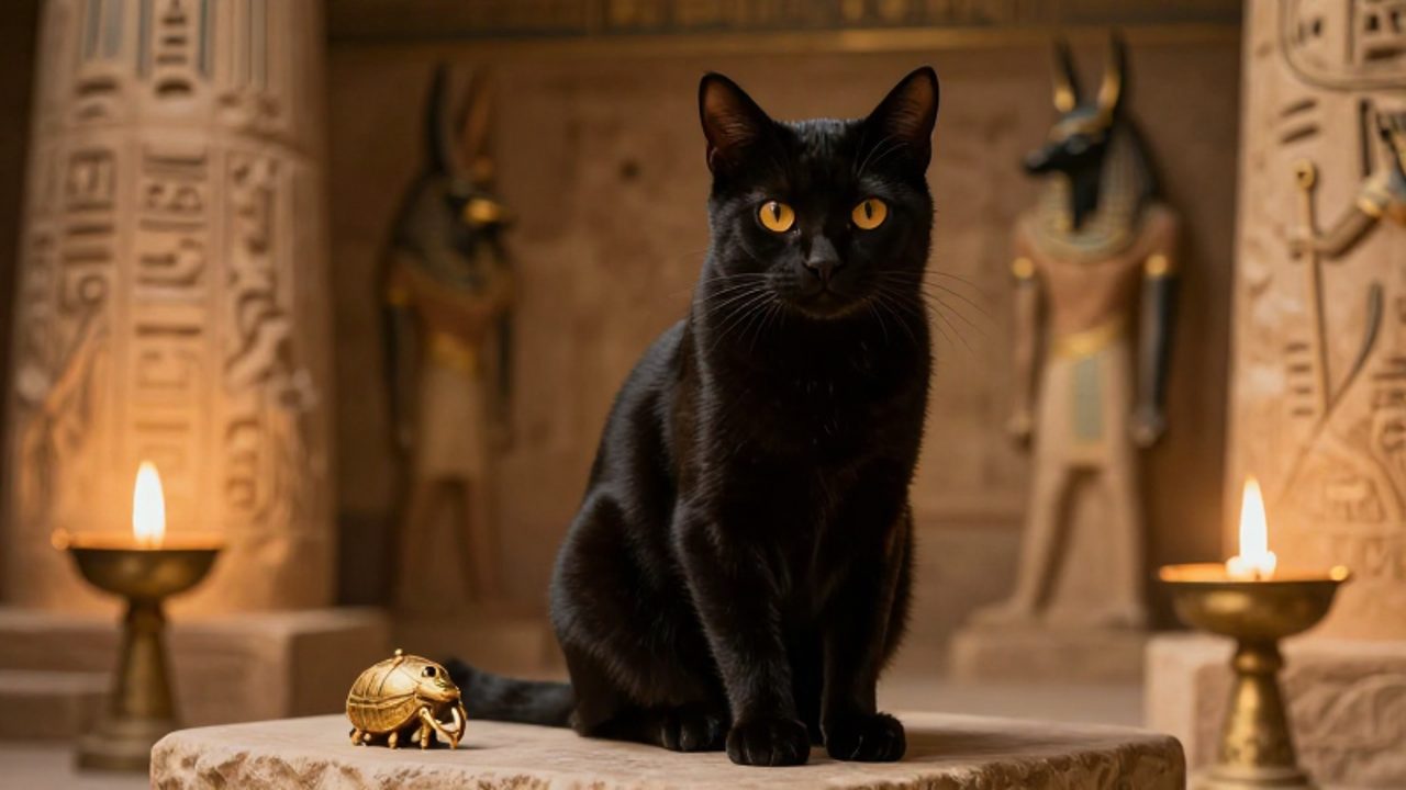 Gato negro de ojos ámbar sentado sobre un pedestal de piedra en un templo egip antiguo con jeroglíficos y una estatua de Anubis al fondo.