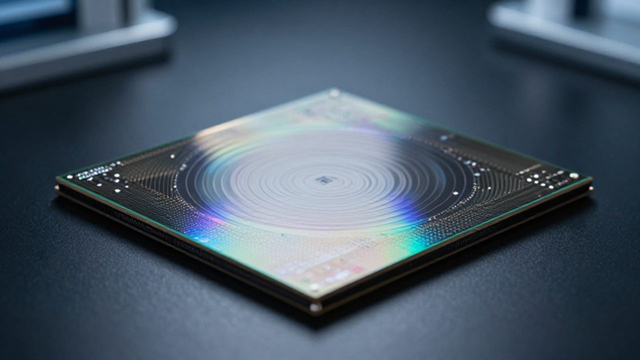 Una oblea de silicio pulida con reflejos iridiscentes sobre una superficie de laboratorio en un entorno de alta tecnología.