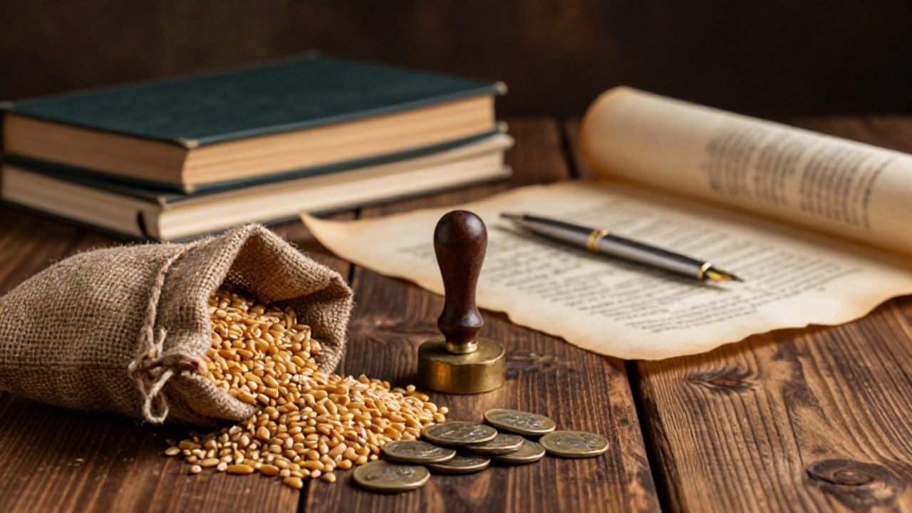 Objetos antiguos como sacos de grano, monedas de cerámica y pergaminos junto a libros contables y una pluma moderna sobre una mesa de madera, simbolizando la transición de los tributos históricos a la administración actual.