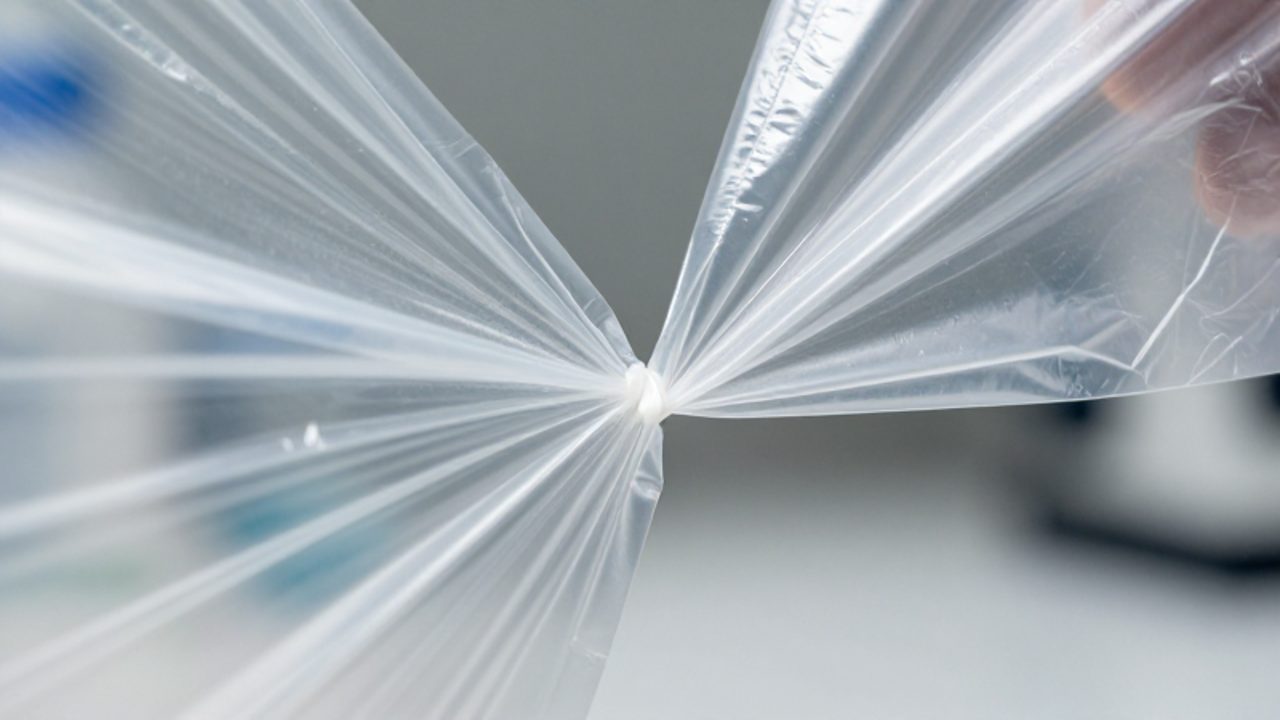 Primer plano de bolsas de plástico transparente arrugándose para mostrar la textura de sus pliegues y la interacción física del material.