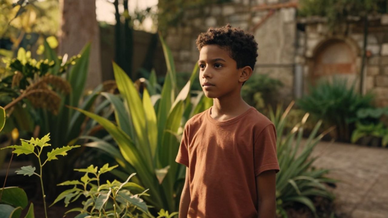 Un joven en actitud contemplativa rodeado de diversas plantas en diferentes etapas de crecimiento dentro de un jardín botánico.
