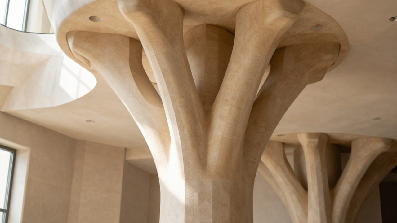 Columna de piedra con estructura ramificada que imita el crecimiento de un árbol para distribuir el peso en un espacio arquitectónico.