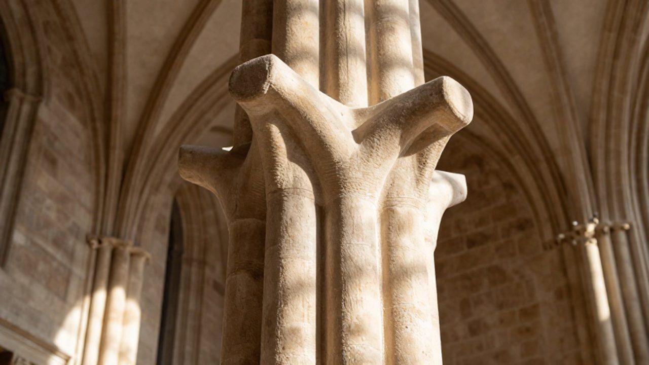 Columna de piedra con forma de tronco de árbol que se ramifica hacia el techo de la catedral bajo una luz natural.