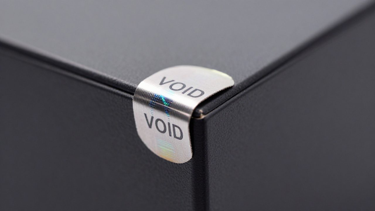 Primer plano de un sello de seguridad parcialmente desprendido en una caja de producto electrónico, revelando un patrón holográfico que muestra la palabra "VOID" al romperse.