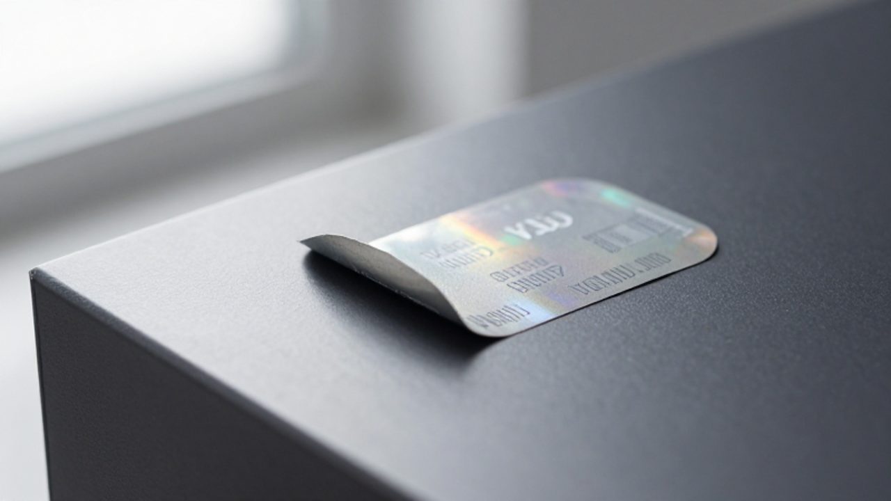 Sello de seguridad holográfico parcialmente despegado de una caja de producto, mostrando el patrón de advertencia "VOID" para evidenciar la manipulación.