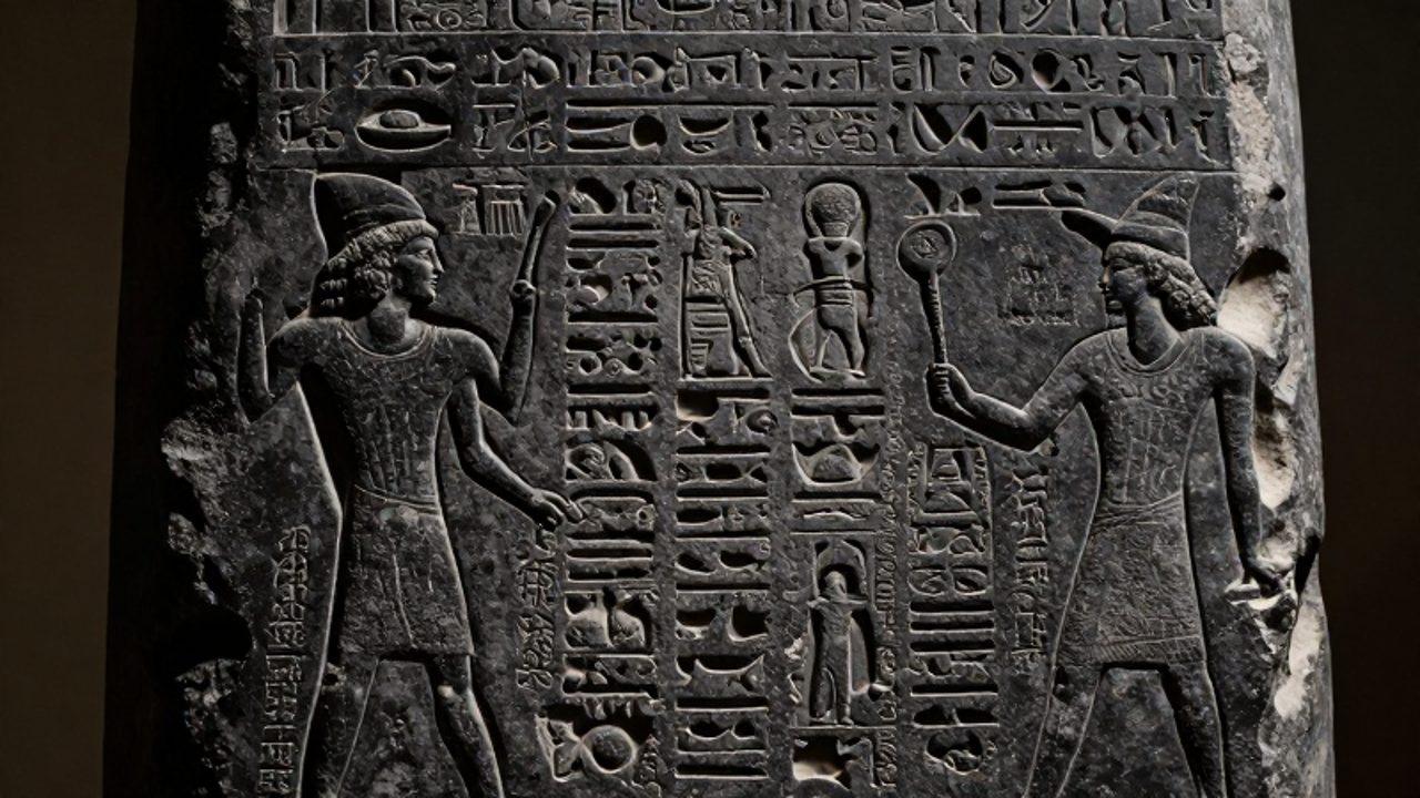 Primer plano de las inscripciones en escritura cuneiforme talladas sobre la superficie de basalto oscuro de la estela del Código de Hammurabi.