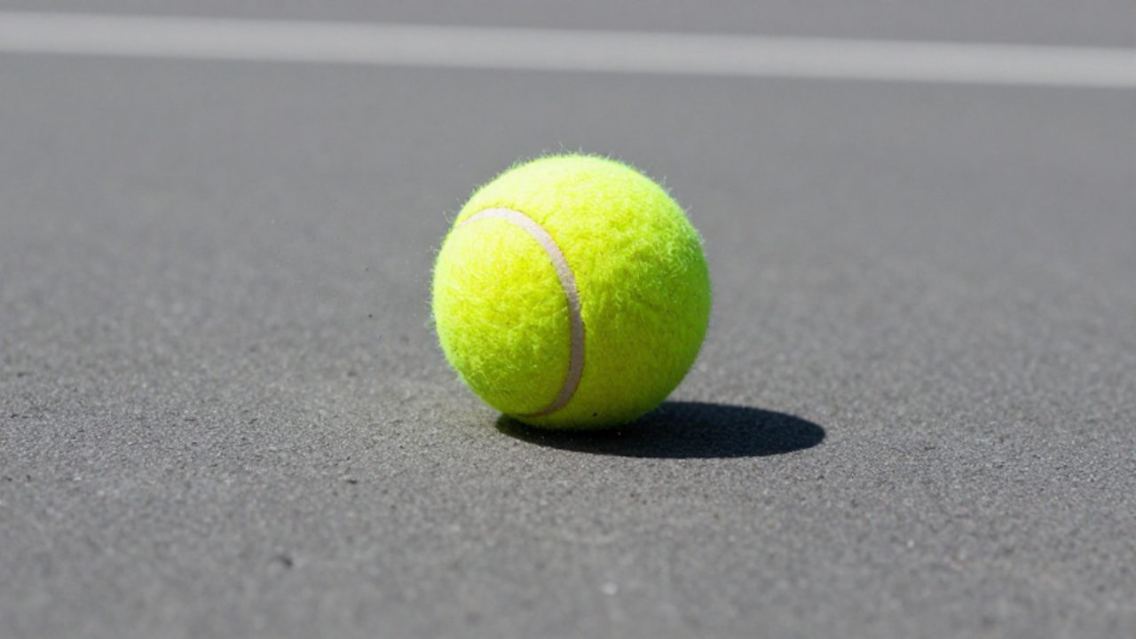 Una pelota de tenis amarilla se comprime al impactar contra una superficie de hormigón gris.