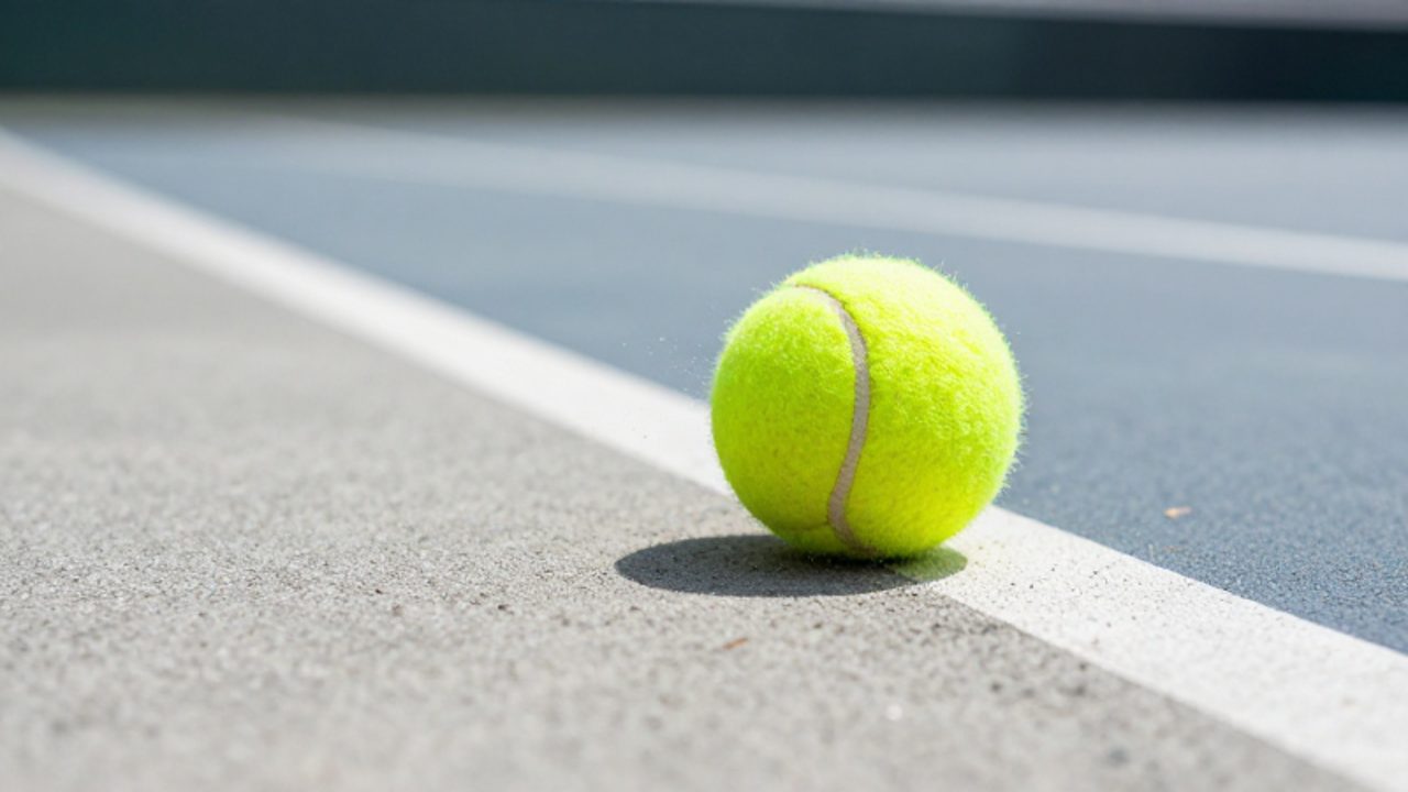 Una pelota de tenis amarilla comprimiéndose al impactar contra una superficie de cemento gris.