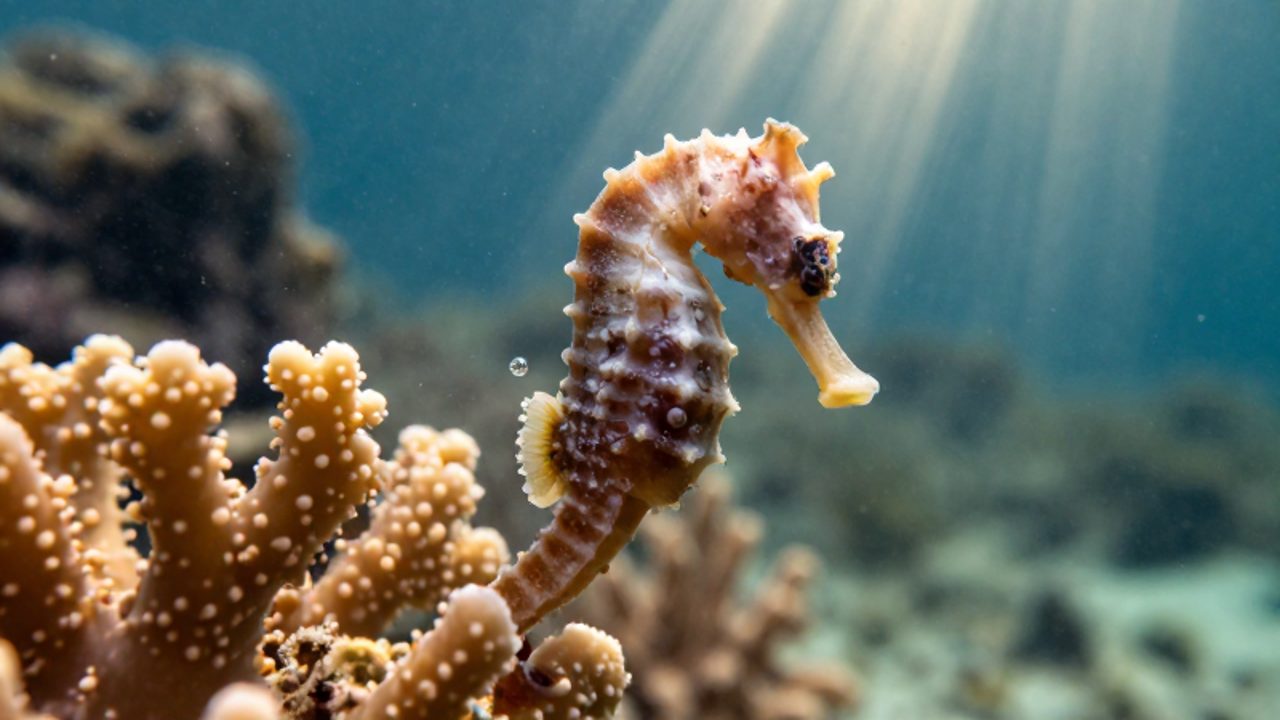 Un caballito de mar sujeto a un coral muestra embriones en desarrollo a través de la piel translúcida de su bolsa incubadora.