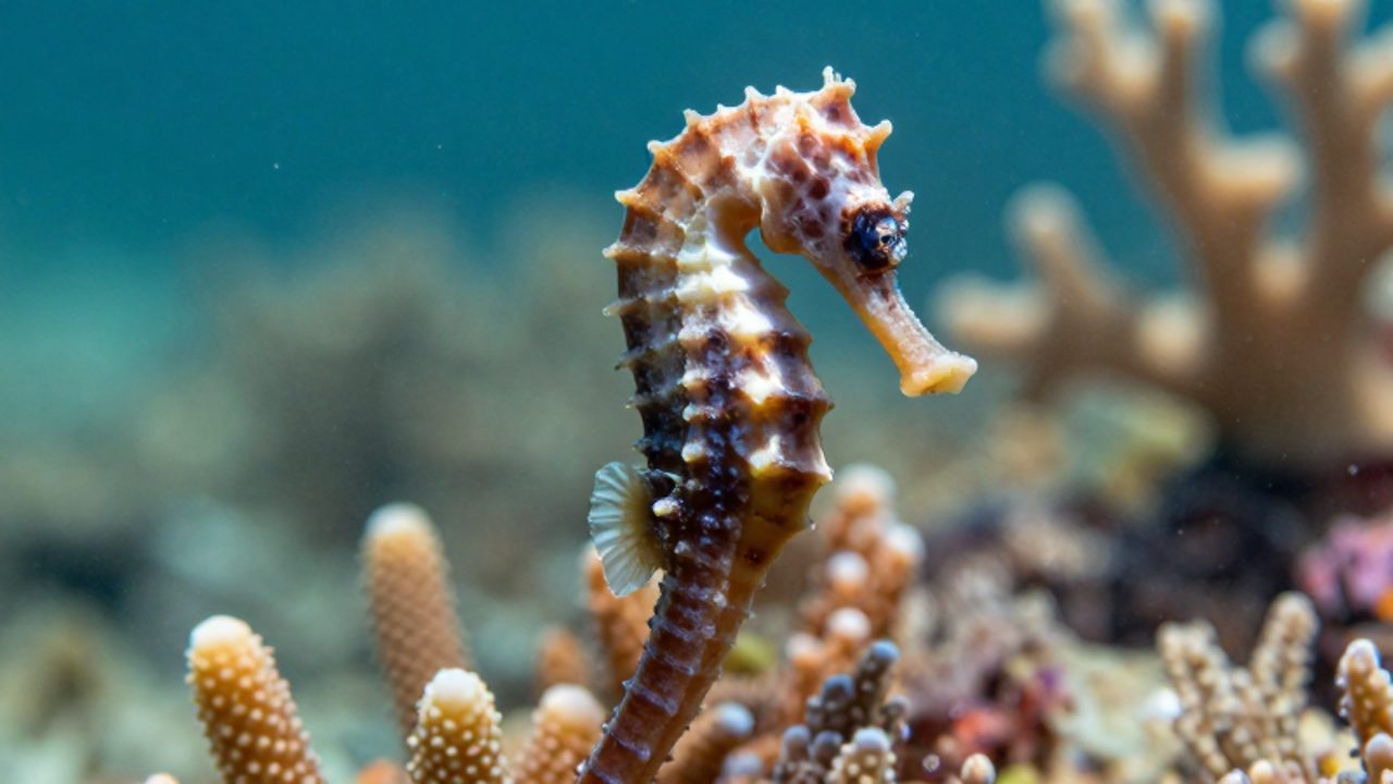 Primer plano de un caballito de mar anclado a un arrecife de coral, resaltando la textura de su cuerpo y su zona de incubación.