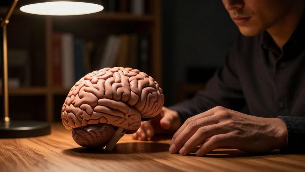 Persona contemplando un modelo anatómico detallado de un cerebro humano sobre un escritorio en un estudio iluminado tenuemente.