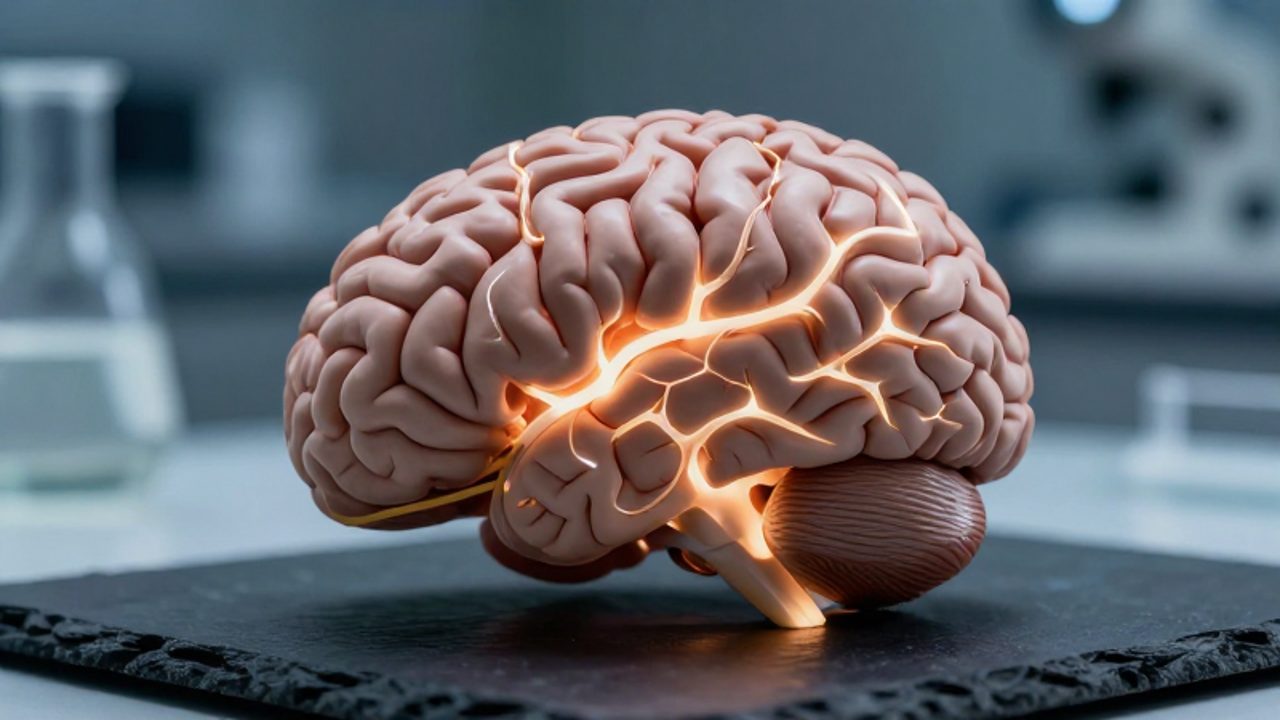 Modelo anatómico de un cerebro humano con filamentos de luz que recorren toda su estructura, representando la actividad constante de sus redes neuronales.