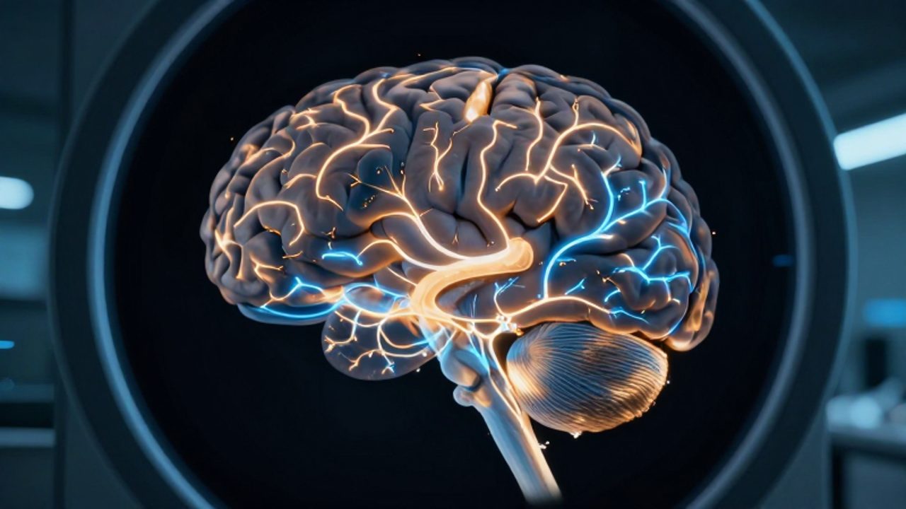 Cerebro humano iluminado por redes de luz azul y ámbar que muestran la actividad de sus conexiones neuronales en un entorno de laboratorio.