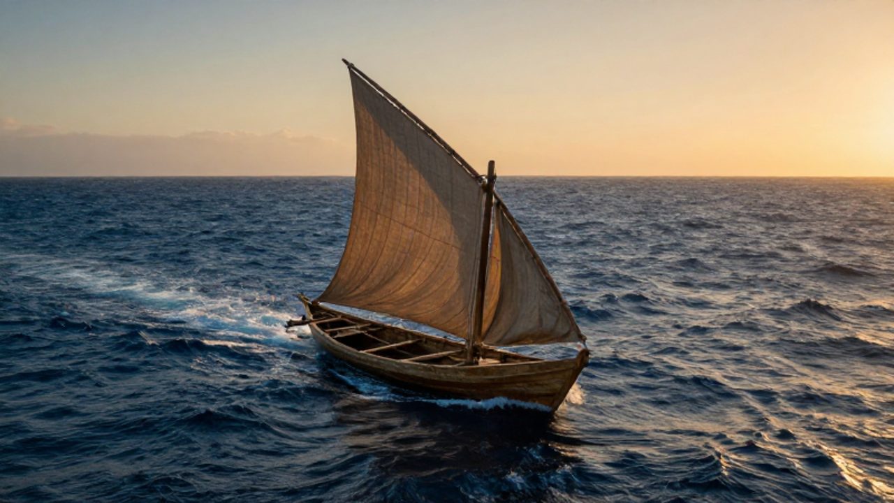 Embarcación de madera tradicional de África occidental navegando por el océano Atlántico hacia una costa lejana durante el atardecer.