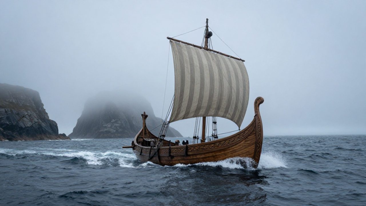Un barco vikingo de madera navega por aguas turbulentas y neblinosas frente a una costa rocosa en el Atlántico Norte.