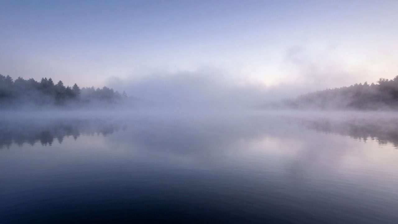 Una densa capa de niebla reposa inmóvil sobre la superficie de un lago tranquilo al amanecer, asemejándose a un mar de nubes blancas rodeado de siluetas de pinos.