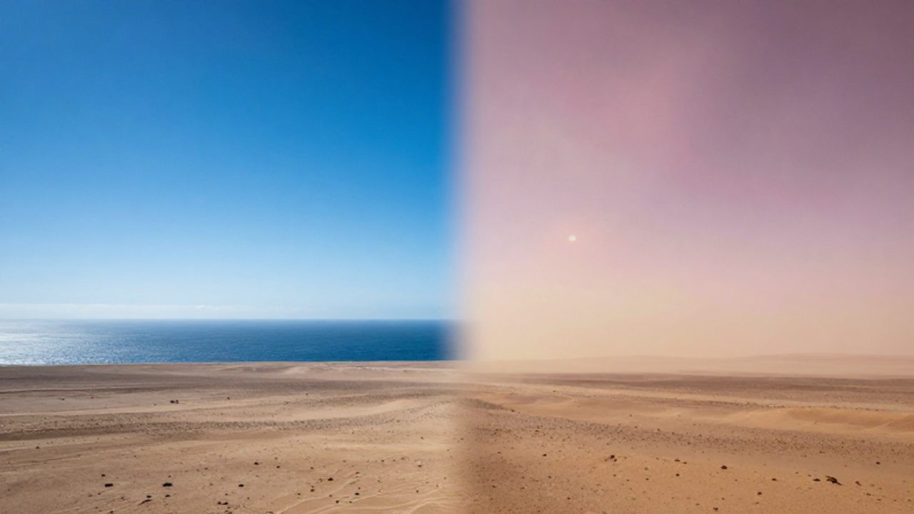 Comparativa de dos paisajes planetarios con atmósferas distintas: un horizonte terrestre bajo un cielo azul brillante sobre el océano y un paisaje similar a Marte bajo un cielo rosado y polvoriento.