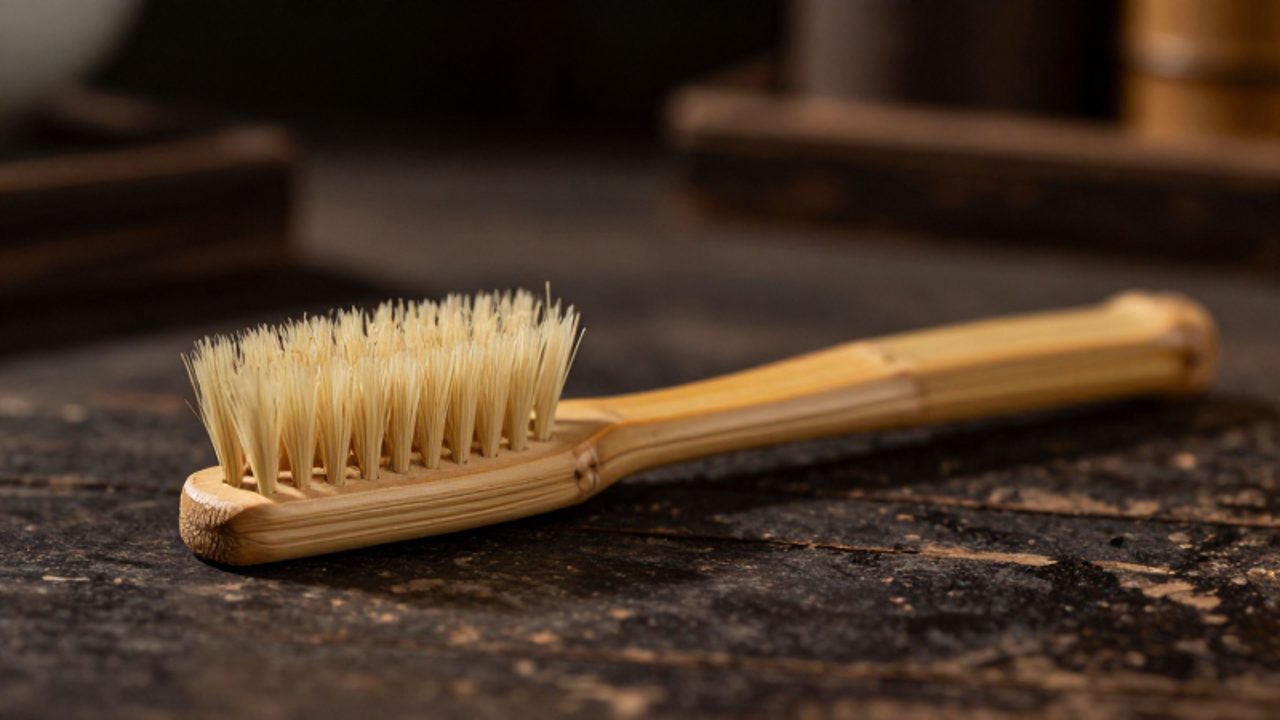 Cepillo de dientes antiguo de bambú con cerdas de pelo de jabalí sobre una superficie de madera oscura.
