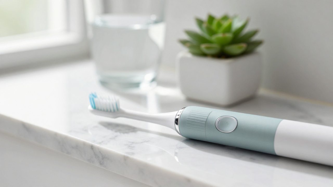 Cepillo de dientes eléctrico moderno con detalles metálicos sobre una encimera de mármol en un baño minimalista.