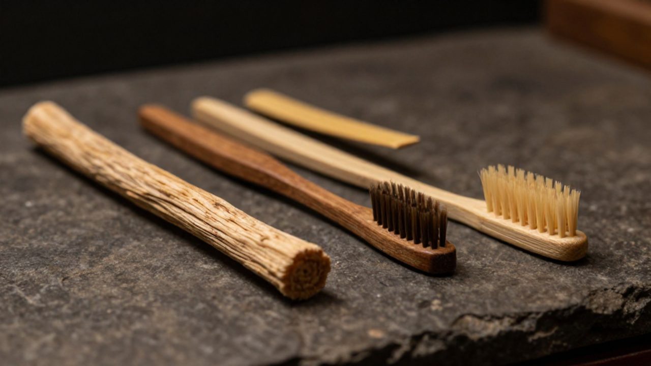 Un palo de madera miswak junto a un antiguo cepillo de bambú con cerdas naturales sobre una superficie de piedra oscura.