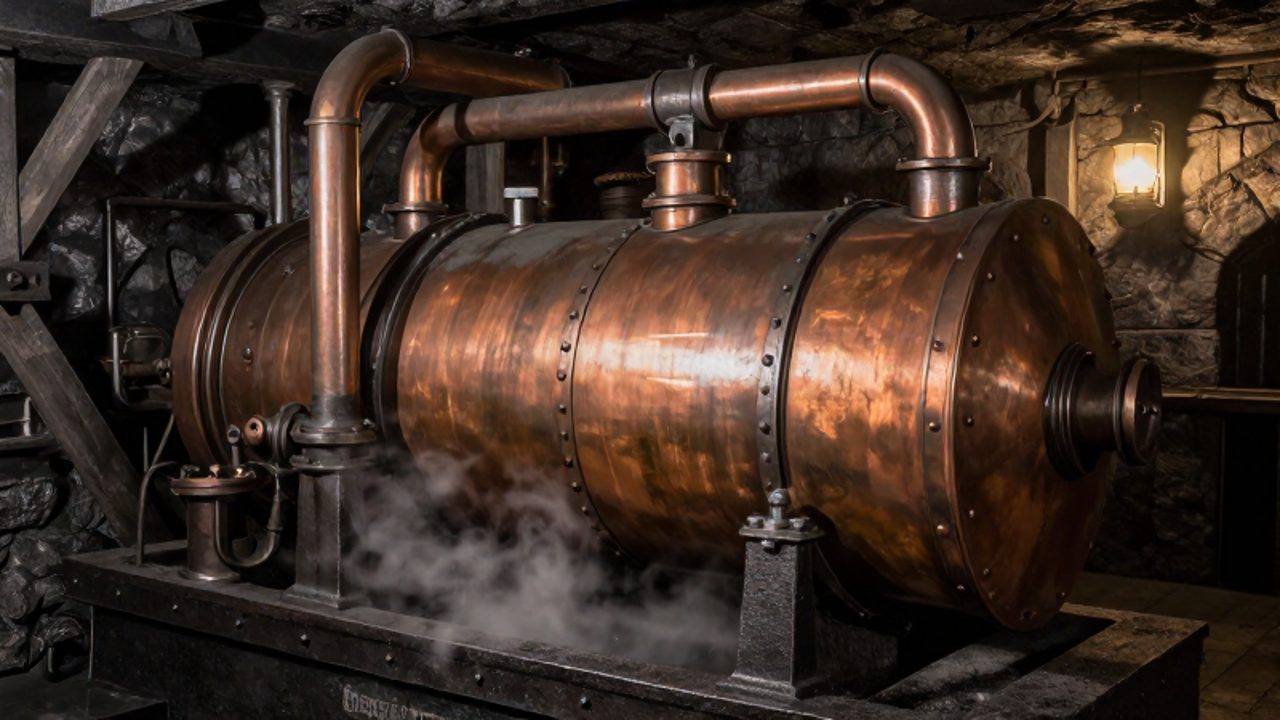 El motor de vapor "Miner's Friend" de Thomas Savery, compuesto por una caldera de cobre y tuberías metálicas, situado en un taller de una mina del siglo XVII.