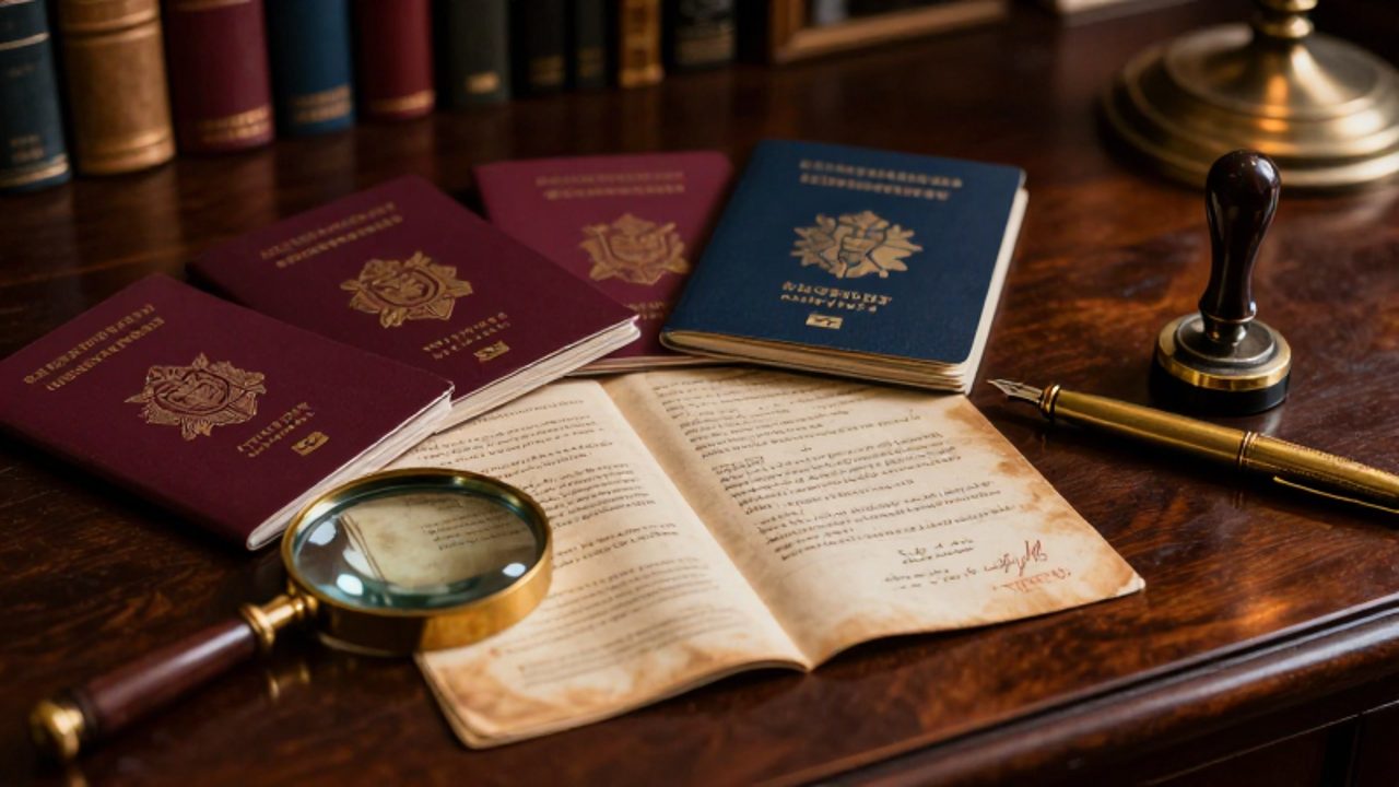 Colección de pasaportes y documentos de viaje antiguos con cubiertas de colores oscuros y detalles dorados sobre un escritorio de madera.