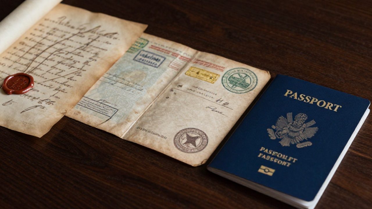 Serie de documentos de viaje ordenados cronológicamente que muestran la transición desde un pergamino antiguo con sello de cera hasta un pasaporte biométrico moderno con chip y holograma.