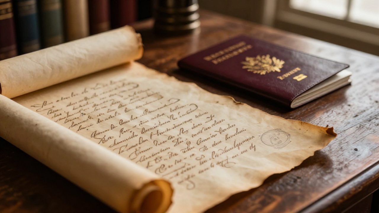 Un pergamino antiguo con caligrafía manuscrita junto a un pasaporte de cuero del siglo XX sobre un escritorio de madera.