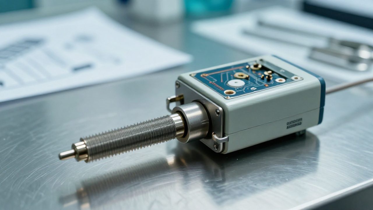 Primer implante coclear de los años ochenta con sus componentes electrónicos sobre una superficie de laboratorio.