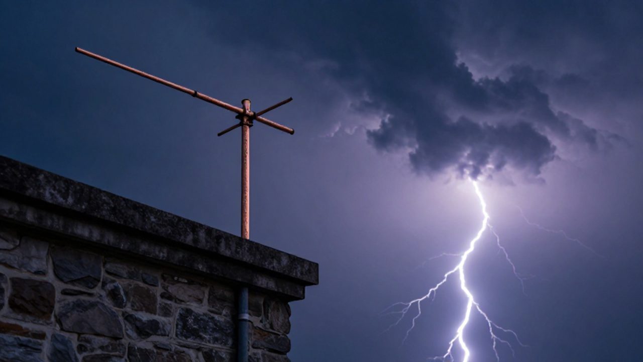 Pararrayos de cobre instalado en la esquina de un edificio de piedra bajo un cielo tormentoso con un rayo iluminando el horizonte.